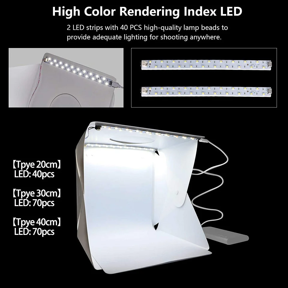 S2935585681524facae2a537d2d827d70G Folding Lightbox 20/30/40cm Portable Photography Photo Studio Tent LED Softbox Background Kit USB Mini Light Box For DSLR Camera
