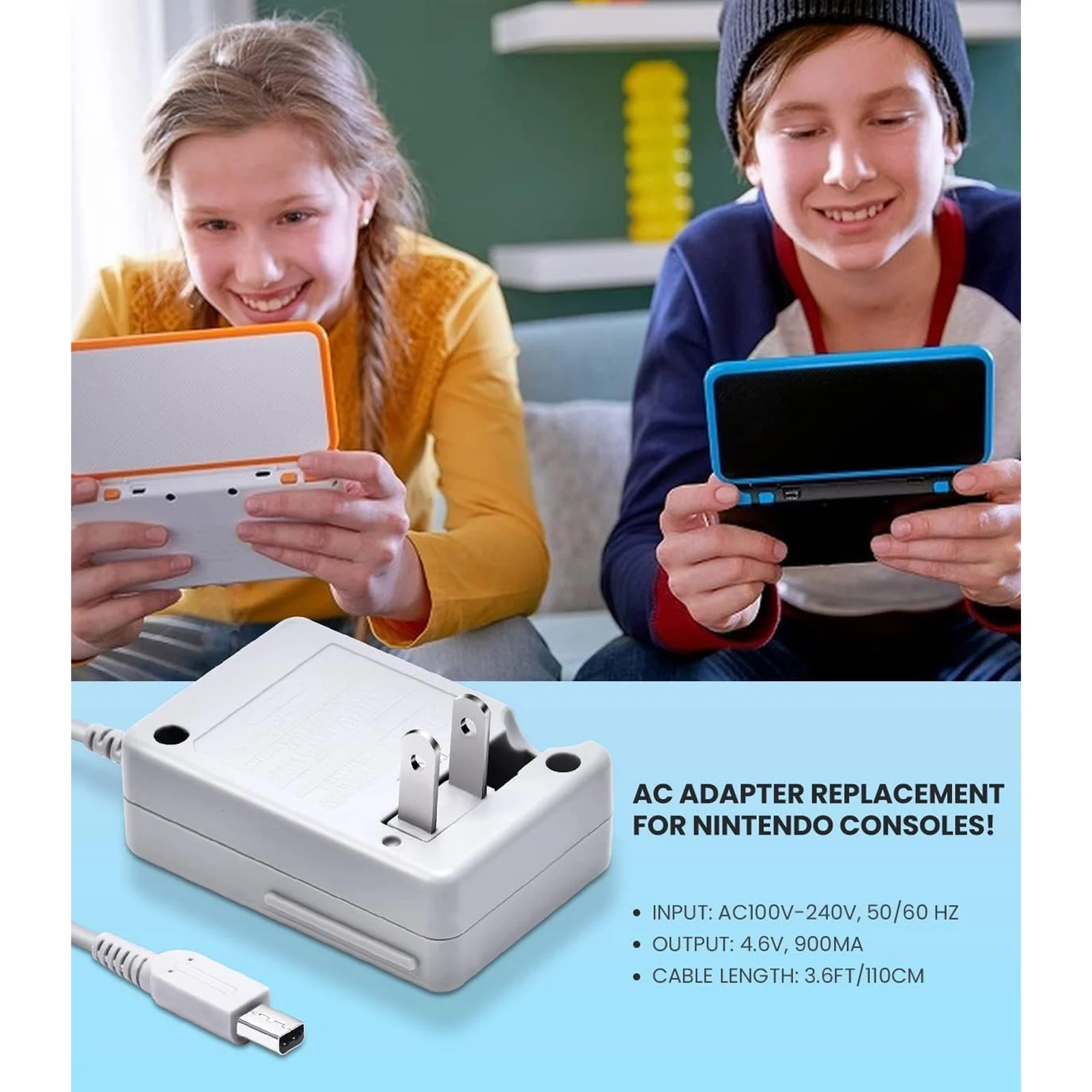 3DS Charger Power Adapter Replacement for Nintendo 3DS/DSi/DSi XL/New 3DS XL 100-240V Wall Plug AC Adapter for Console