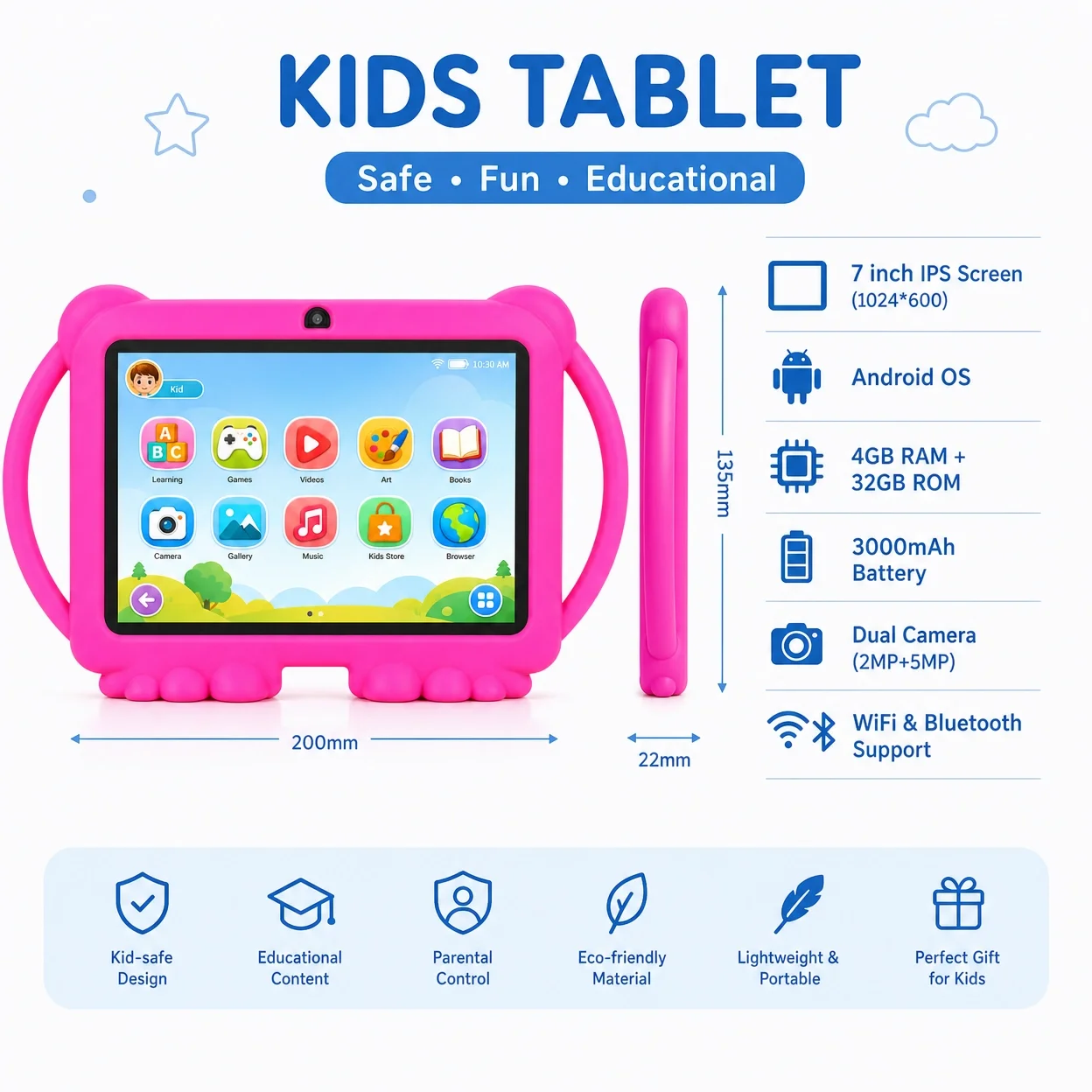 7" Kids Tablet with Parental Control & Shockproof Case, Android 14, 2GB+32GB, 2.4G WiFi, GMS Certified, Eye Protection Display, Dual Camera, Pre-installed Educational Apps & Games for Toddlers 4