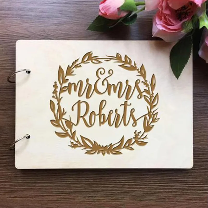 Personalized Engraved Wooden Guest Book,Floral Wedding Decor,Engagement Guestbook,Photo Books, Wreath Signature Book