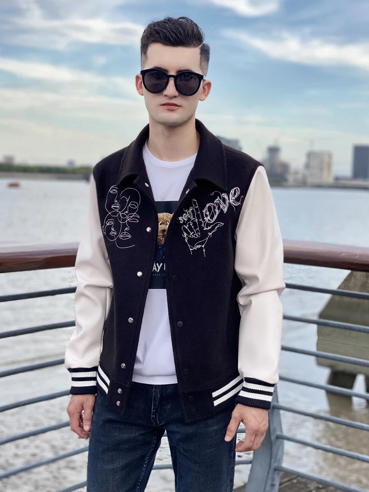 Goose down baseball jacket men's leather sleeve wool thickened men's jacket  college style winter warmth American style jacket