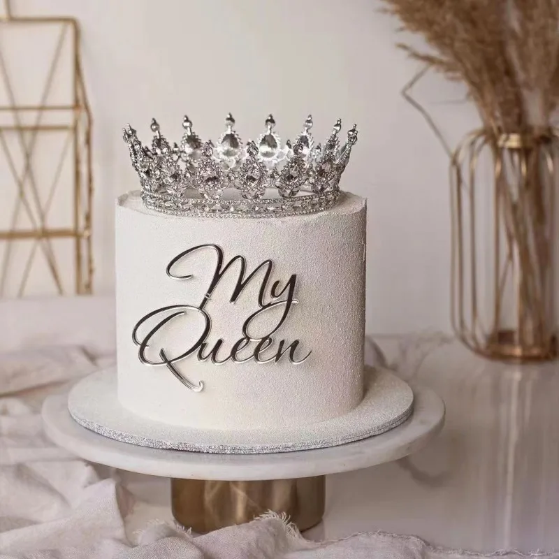 Decorações de bolos douradas e prateadas para Dia das Mães, acrílico, Ins  Simple My Queen, Feliz Aniversário Decoração - AliExpress