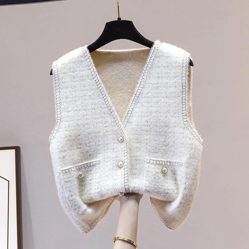 Autumn Winter New Women\'s Mink Velvet Knitted Vest Fashion Elegant V-Neck Button Pockets Versatile Loose Commute Coats Tops