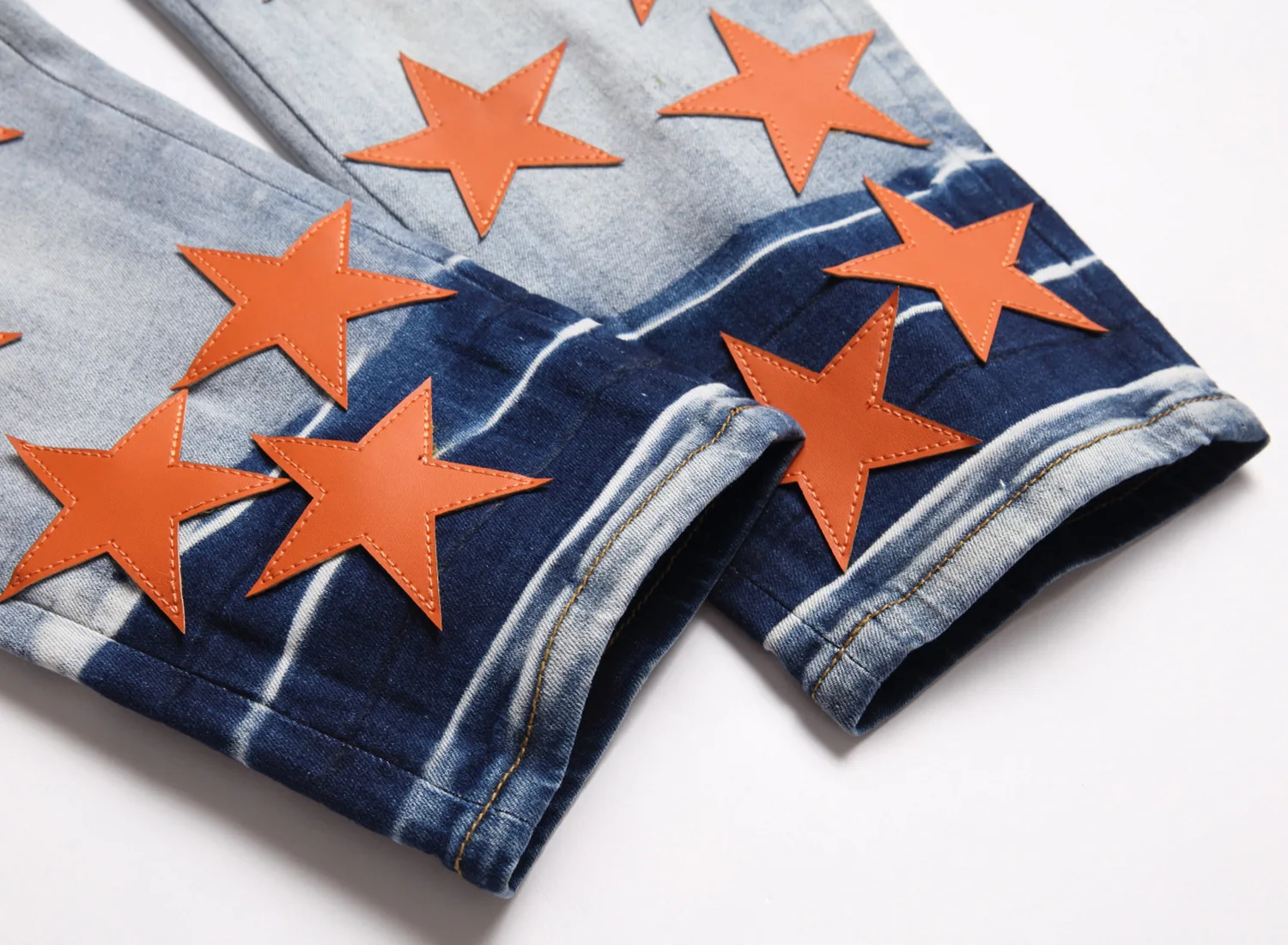 Fashion brand autumn winter orange five-pointed star embroidery slim jeans men's trend personality small foot stretch pants