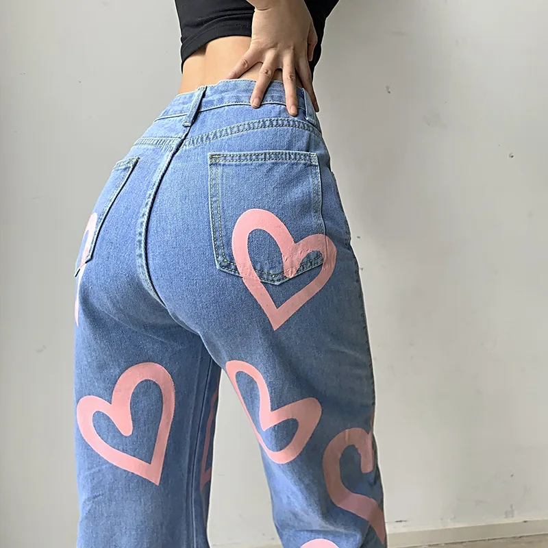 2022  New Jeans Sexy High Street Denim Washed Fashion Straight Pants Big Love Print Denim Trousers Casual Wide Leg Pants lloyd street love 1 cd