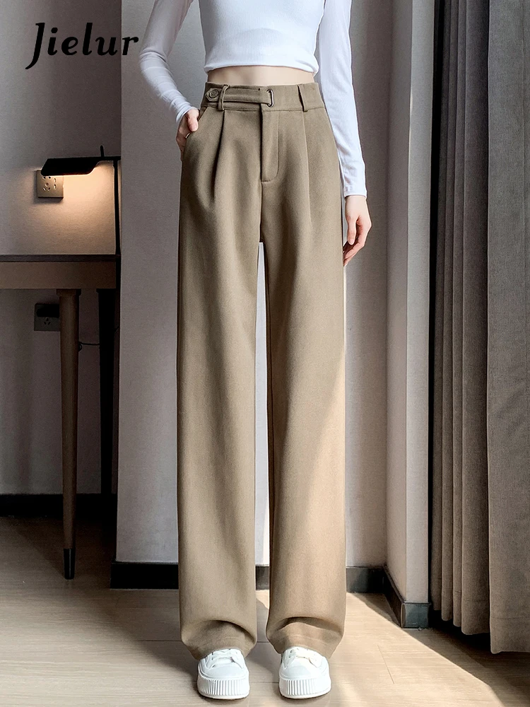 Jielur Winter Thick Loose Casual Female Wide Leg Pants Pure Color Chic Buttons Straight Slim Fashion Women Pants Black Apricot