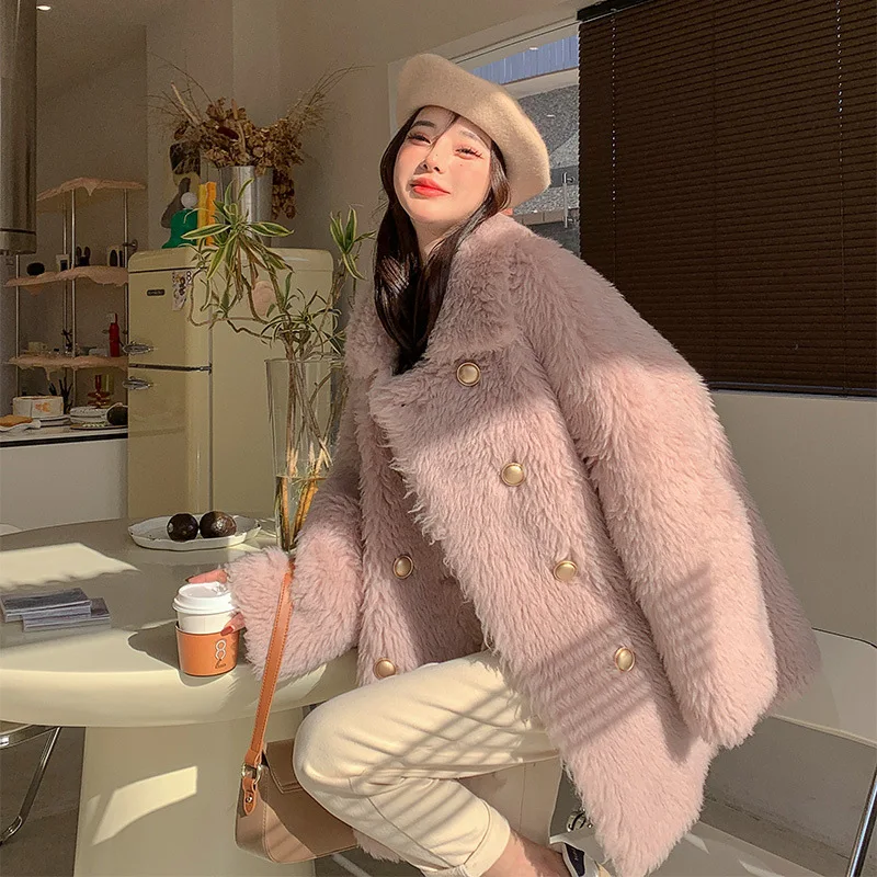 Toka Fur Cashmere Jacket Female Autumn Winter Lamb Faux Furry Mid-Length Long Sleeve Double Breasted Furry Coat Women Clothes
