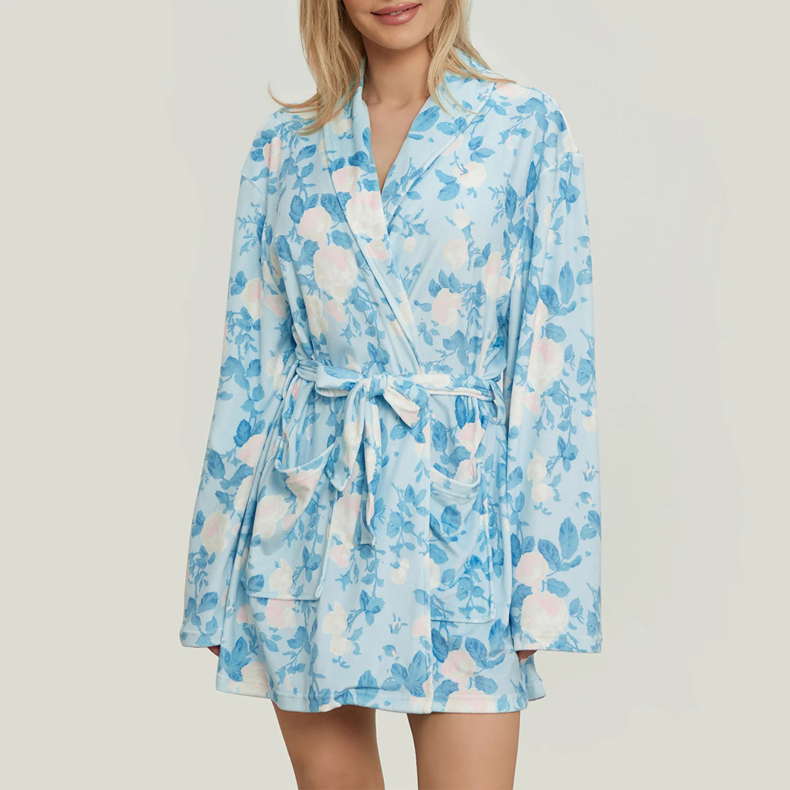 Imcute Women Y2k Fruit Plush Robe Floral Print Shawl Collar Open Front Bathrobe with Belt Spa Kimono Nightgown Loungewear