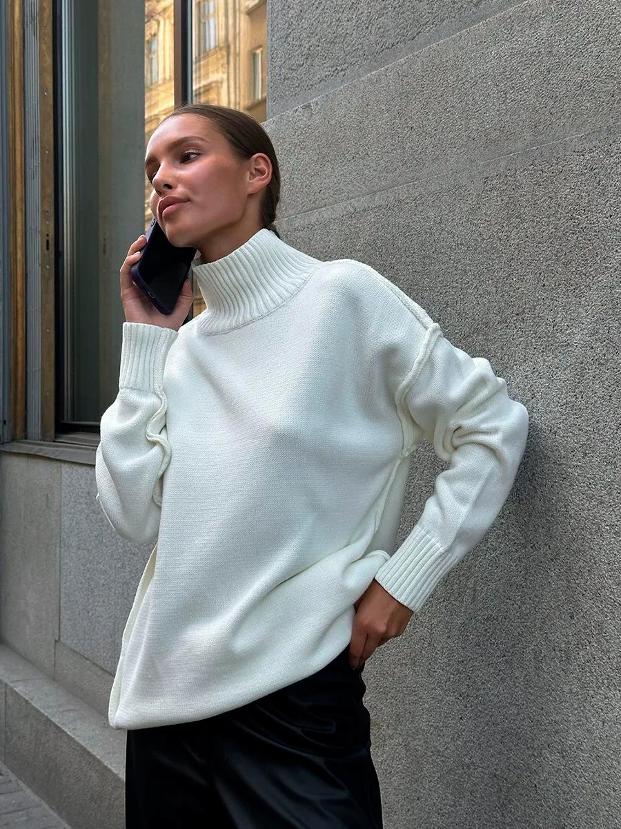 Winter Knit Turtleneck Pullover Female Clothes Loose Casual Ribbed Patchwork Long Sleeve Oversized Sweater Women Knitwear