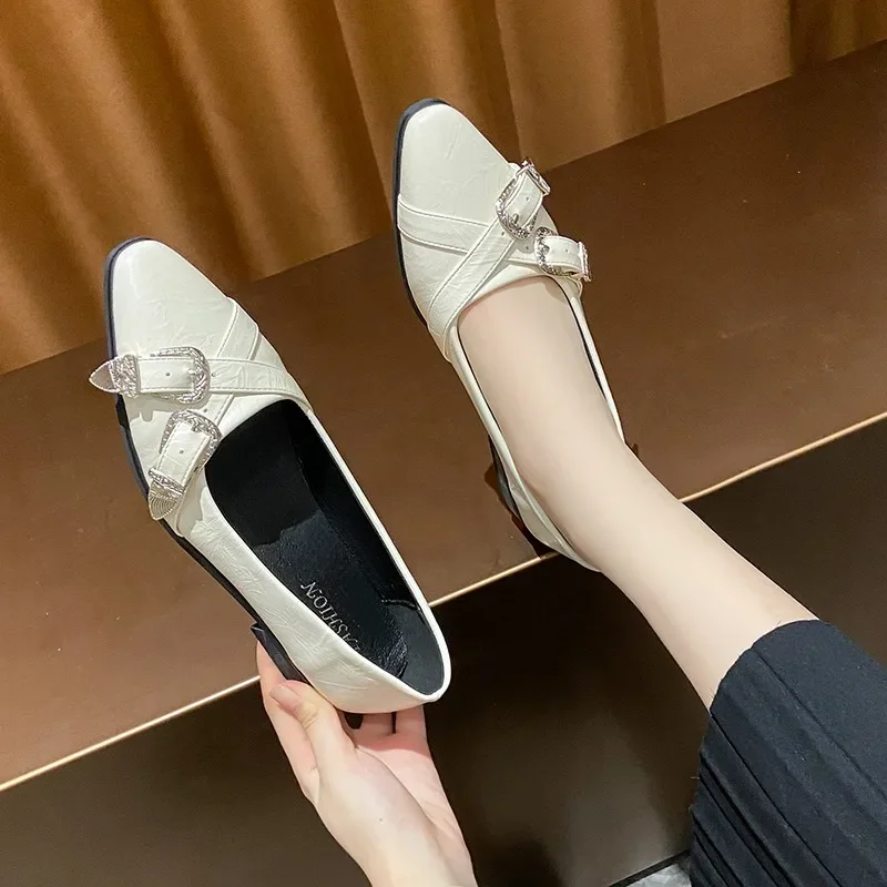 

Туфли женские с острым носком, повседневная обувь на плоской подошве, балетки с пряжкой, Нескользящие лоферы, ПУ, весна 2024