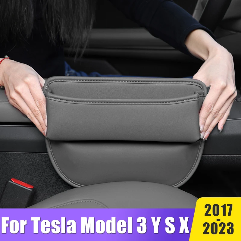 

For Tesla Model 3 Y S X Universal PU Leather Car Seat Crevice Storage Box Key Plug Card Phone Holder Organizer Bag Accessories