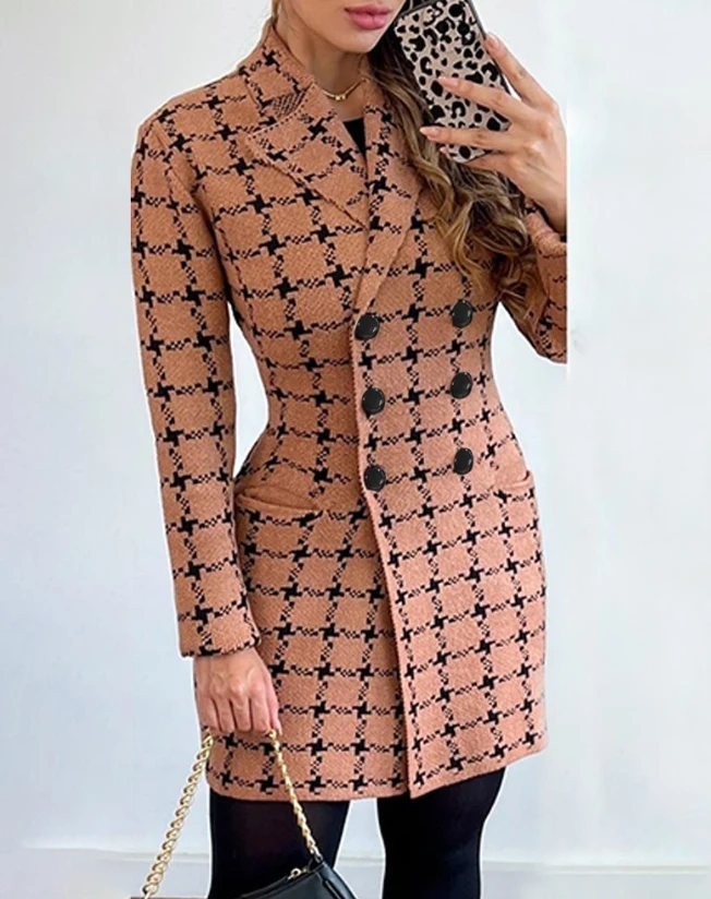 Coats Jacket for Women Winter 2023 Lapel Collar Long Sleeve Outwear Double Breasted Slim Blazer Plaid Print Knit Cardigan