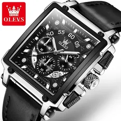 OLEVS Men's Luxury Square Dial Chronograph Watch - Leather Strap, Waterproof, Fashion Sports Design (Silver Black)