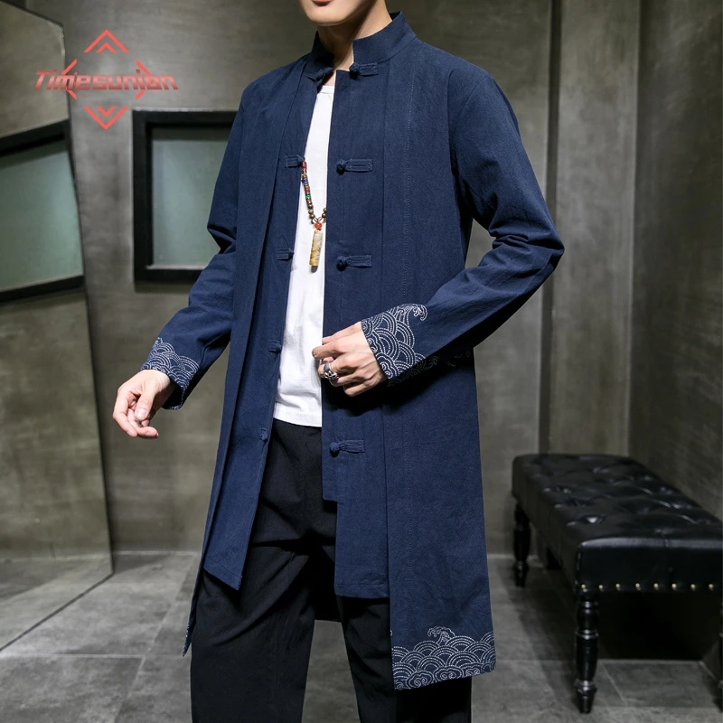 Men Loose Vintage Trench Coat Men Fake Two Pieces Cardigan Kimono Coat Mens Long Chinese Style Black Windbreaker