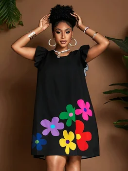 Holiday plus size women's round neck wide sleeved summer floral positioning print loose A-list dress