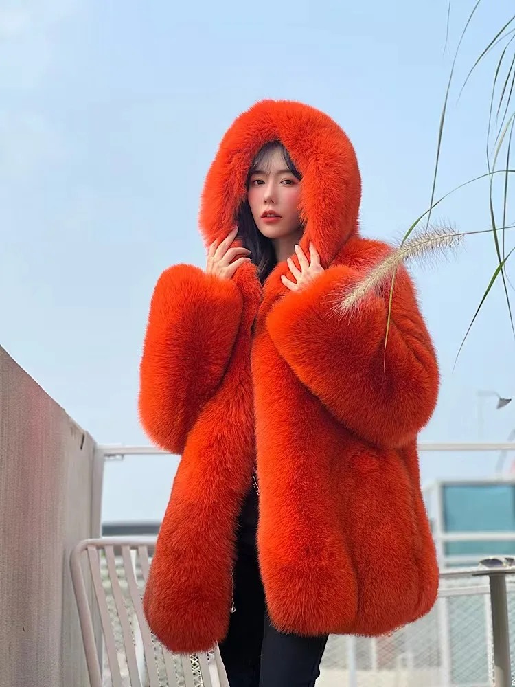 FURYOUME New Winter Women Real Fox Fur Coat Hooded Natural Silver
