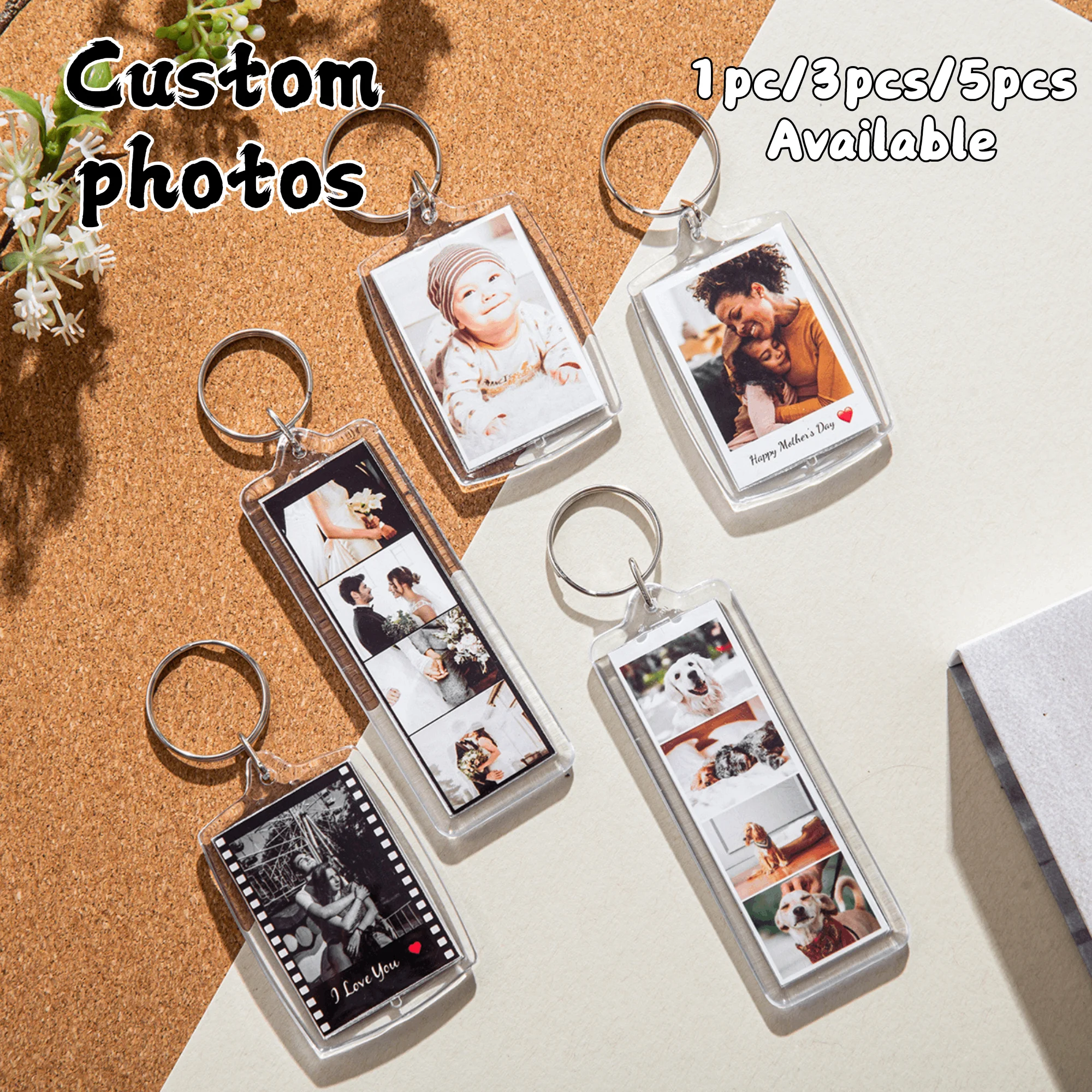 Benutzerdefinierter 1 Stück/3 Stück/5 Stück Foto- und Text-Schlüsselanhänger, Foto-Streifen-Schlüsselanhänger, Valentinstags-Paar-Geschenk, individuelles Geschenk, Muttertagsgeschenk
