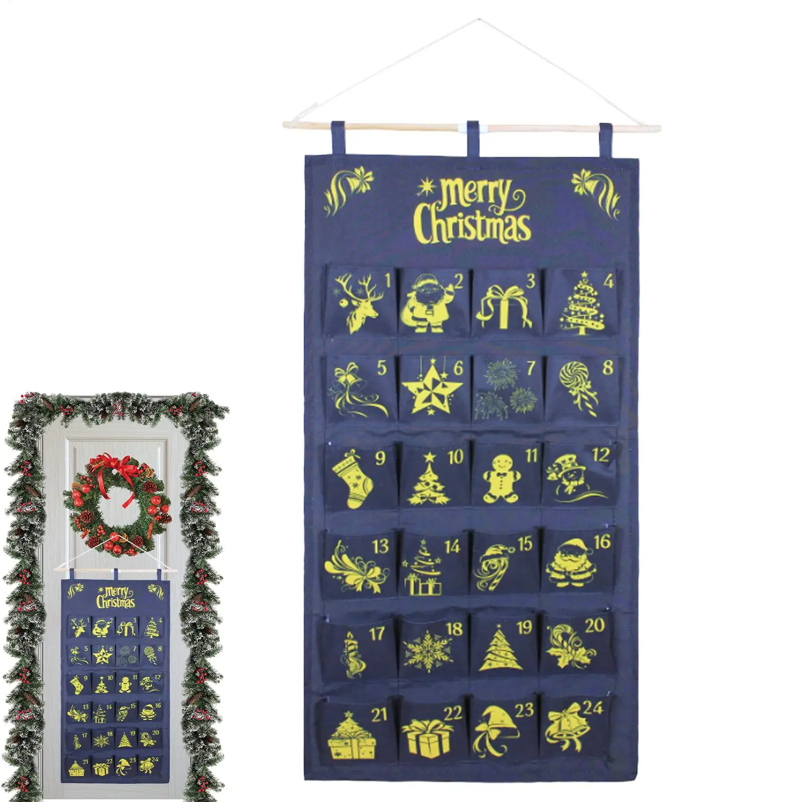 Calendar Advent with Pockets 24 Day Christmas Storage Bag Hangable Fabric Calendar for Living Room Classroom Kindergarten