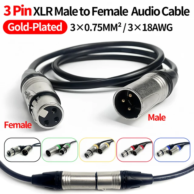 1M/2M/3M/5M/10M Gold-Plated 3-Pin XLR Male-Female Audio Cable - 3X0.75mm² (3X18AWG) Pure Copper Core for Professional Use 1