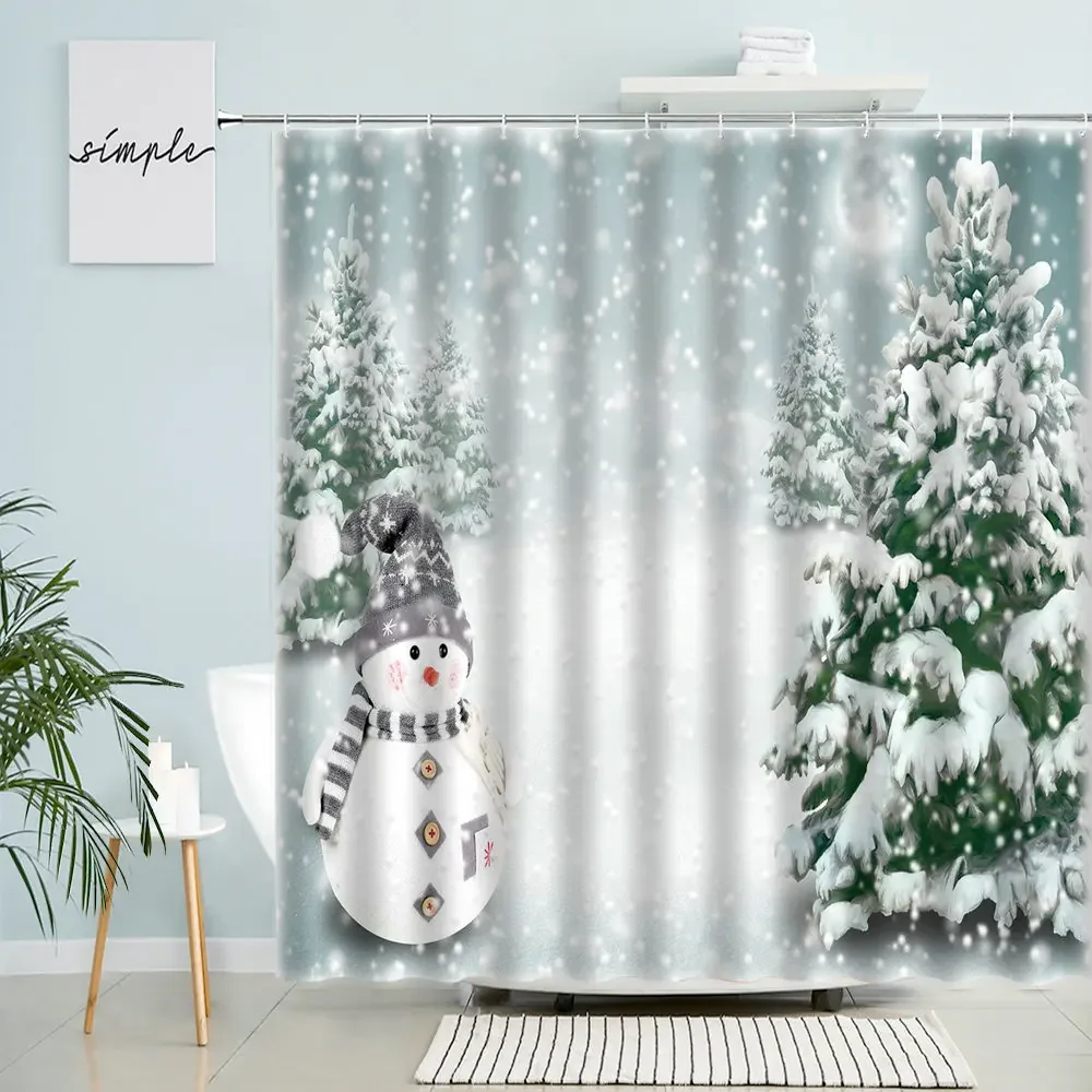 

Merry Christmas Shower Curtain Forest Trees Snowman Natural Landscape New Year Bathroom Wall Decor With Hook Waterproof Screen