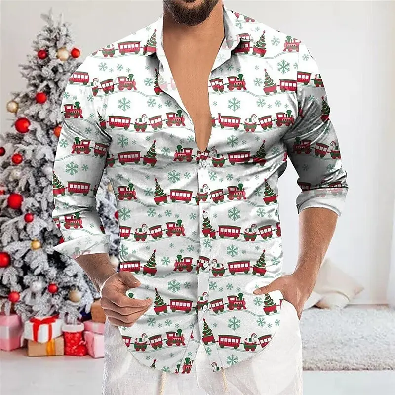 

2023 Christmas Party Elements Printed Shirt for Men Street Fashion Top for Men Summer Casual Cardigan for Men Sports Undershirt