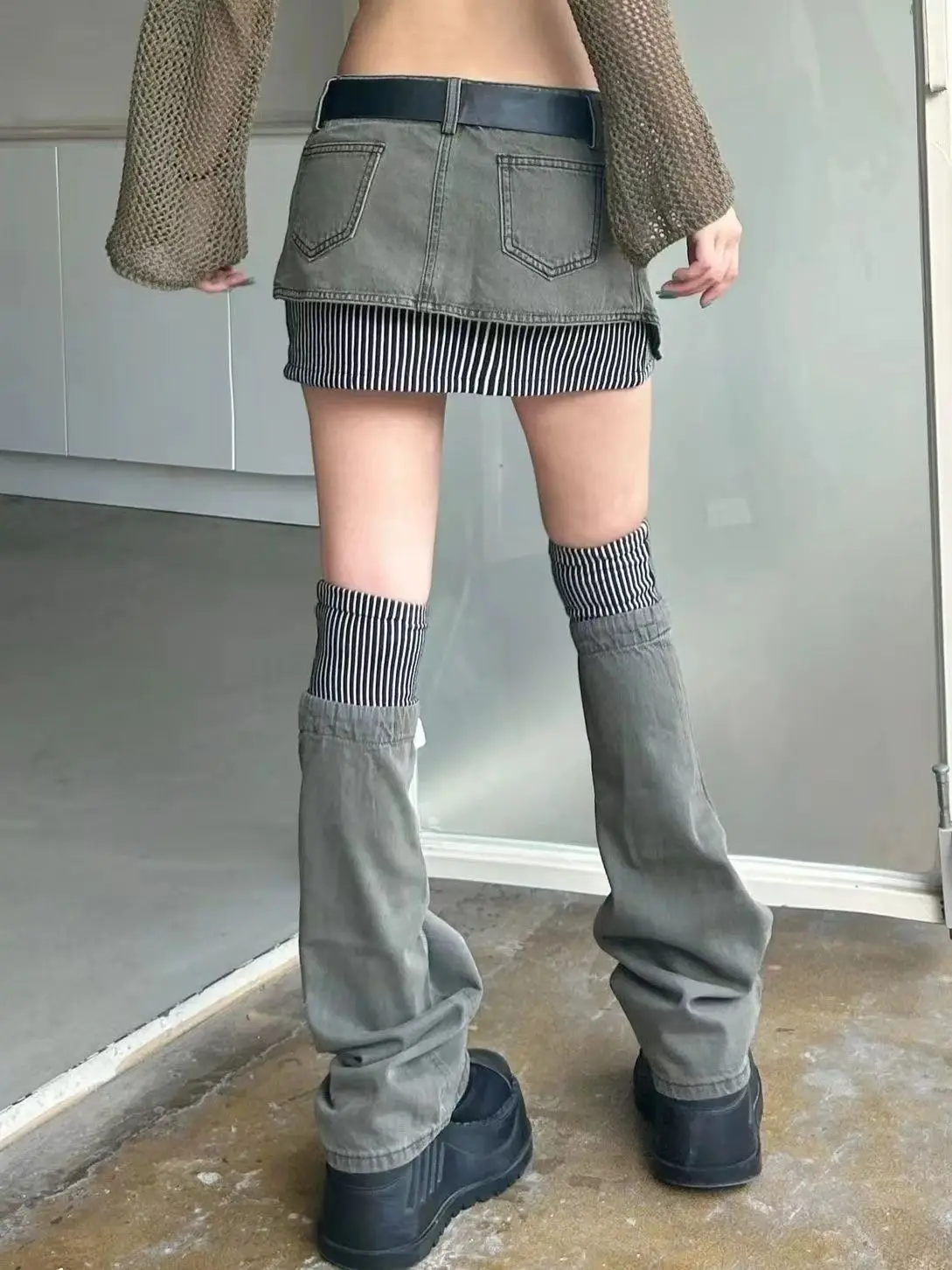 American retro patterned patchwork denim suit half skirt women Y2K irregular short skirt leg cover two-piece set for wearing 4