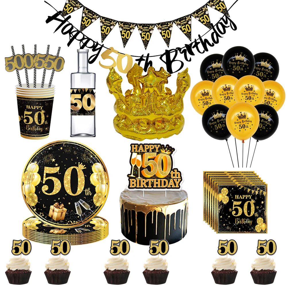 50. Geburtstags-Dekorationen Happy 50th Birthday Banner Teller und Servietten Glitzer 50 Jahre Geburtstagsparty-Zubehör für Männer Frauen – Detail 1