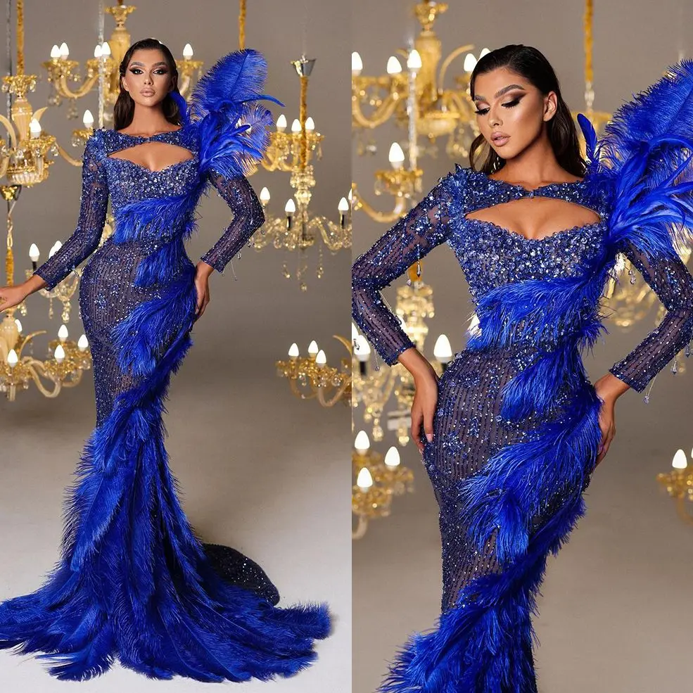 

Luxurious Feather Evening Dresses Abiye Arabic Beads Royal Blue Prom Gowns Full Length Robe De Soiree