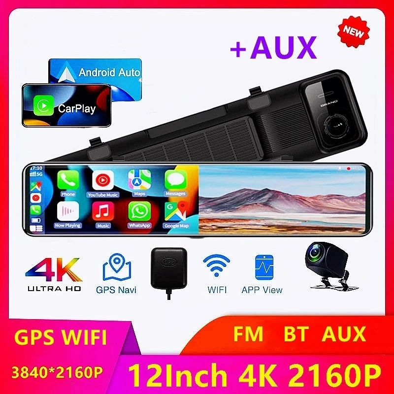 

12" 4K Dash Cam Wireless CarPlay Android Auto ADAS Car DVR 5G WiFi GPS FM 24h Parking Monitor Rearview Mirror Camera Recorder