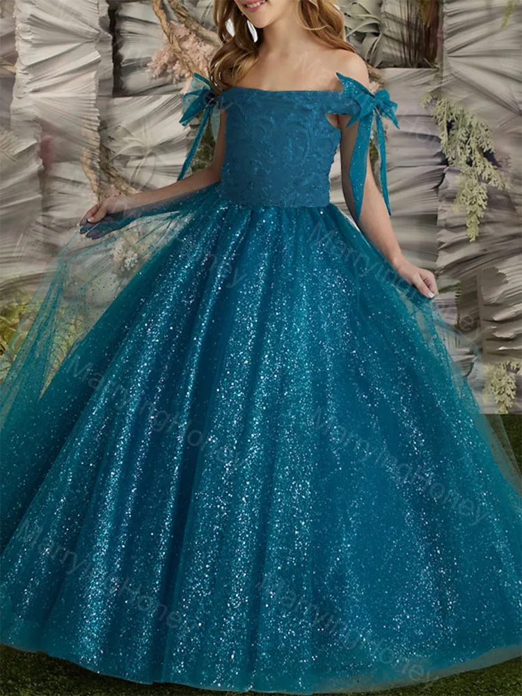 

Sparkly Tulle Flower Girls Dresses Lace Appliques Off The Shoulder Princess Long Wedding Pageant Ball Gown Dress for Girls