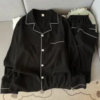 Grande taille pur coton fil hommes vêtements de nuit printemps et automne à manches longues Simple noir vêtements de nuit Homewear jeunesse pyjamas ensemble 1