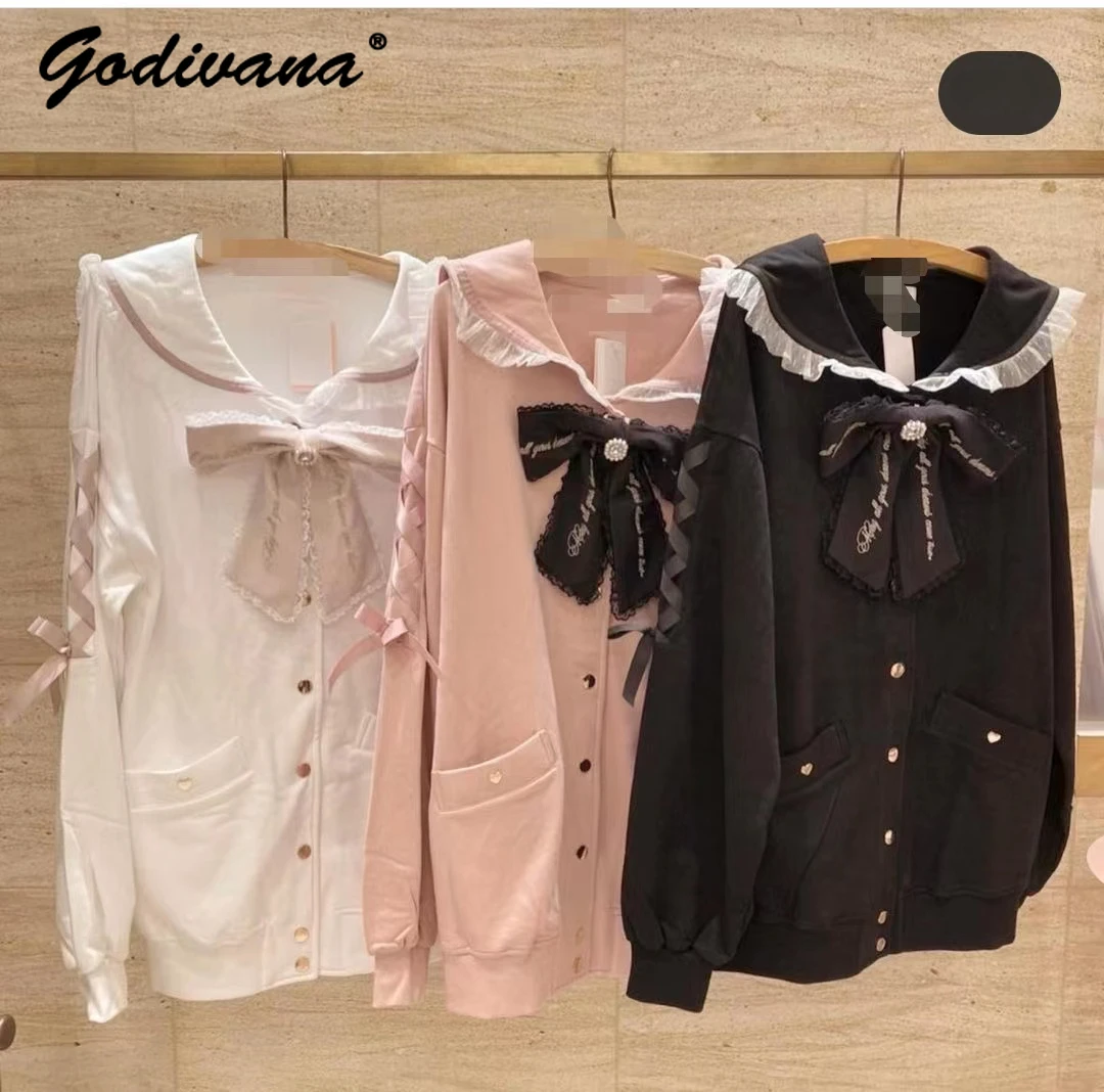 Japanese Style Letter Embroidery Bowknot Sweet Sailor Collar Long Sweater Coat Sweet Women Hoodie Jacket Pink Black Cardigan