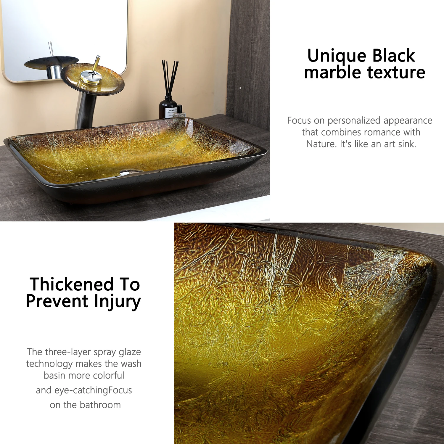 KEMAIDI Bathroom Vessel Sink Oval Glass Big Square Vessel Sink with Waterfall Faucet Mixer Bathroom Sink Above Counter Basin 5