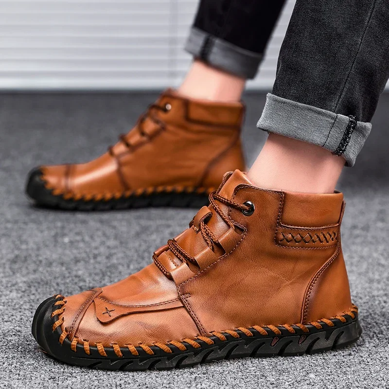 Men Leather Boots Business Mens Boots Brand Classic Winter Thick Plush Warm Snow Boots Handmade Ankle Waterproof Non-slip Moccasins men leather boots business mens boots