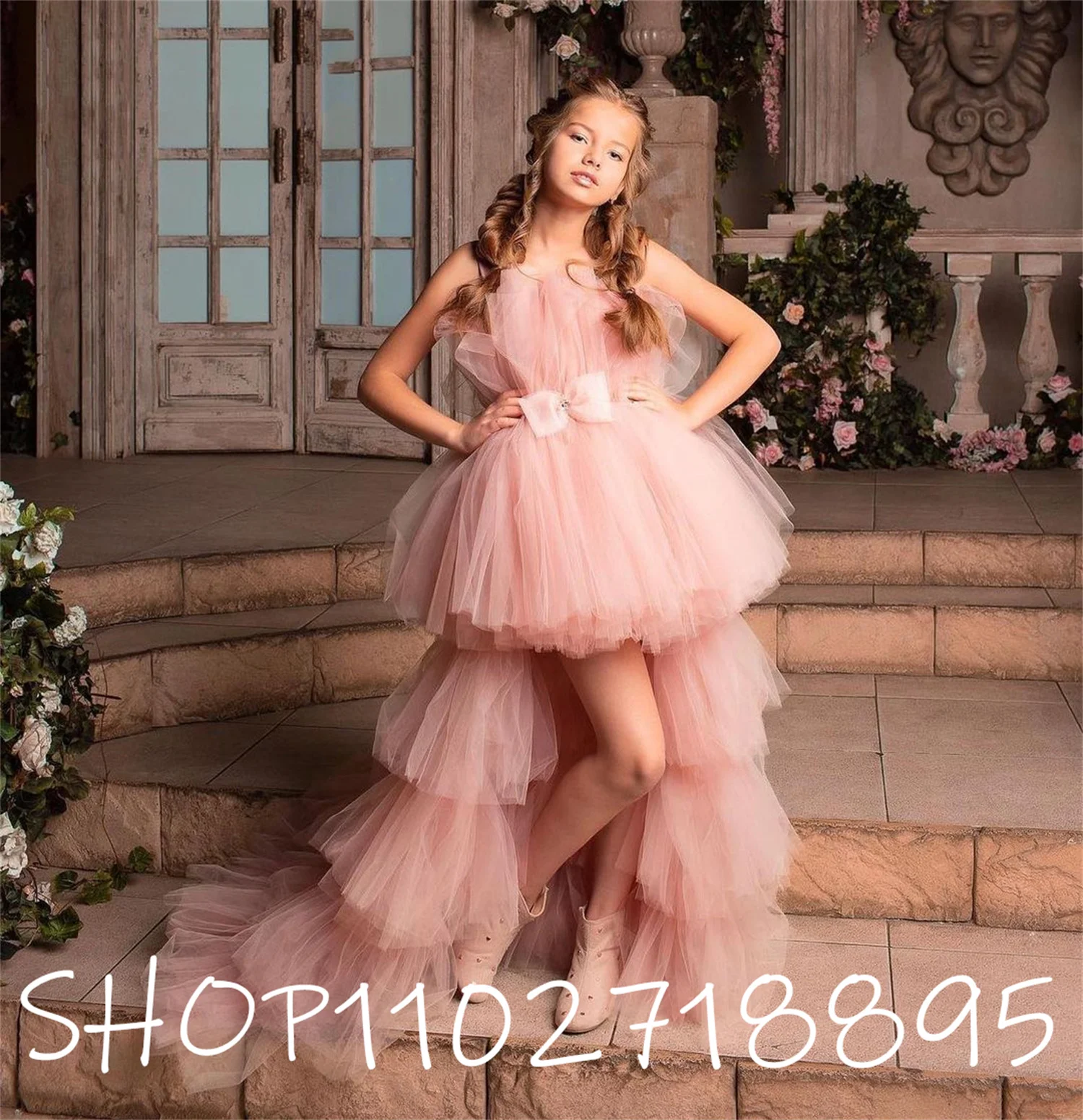 

Glitter Ball Gown Girl Party Dresses Illusion Sleeves Puffy Layers Girl Birthday Dress Girl Christmas Party robe de princesse