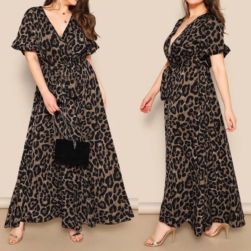 

Women Summer Puff Sleeve Maxi Long Sundress Fashion Sexy Leopard Printed Party Dress V Neck High Waist Holiday Vestidos