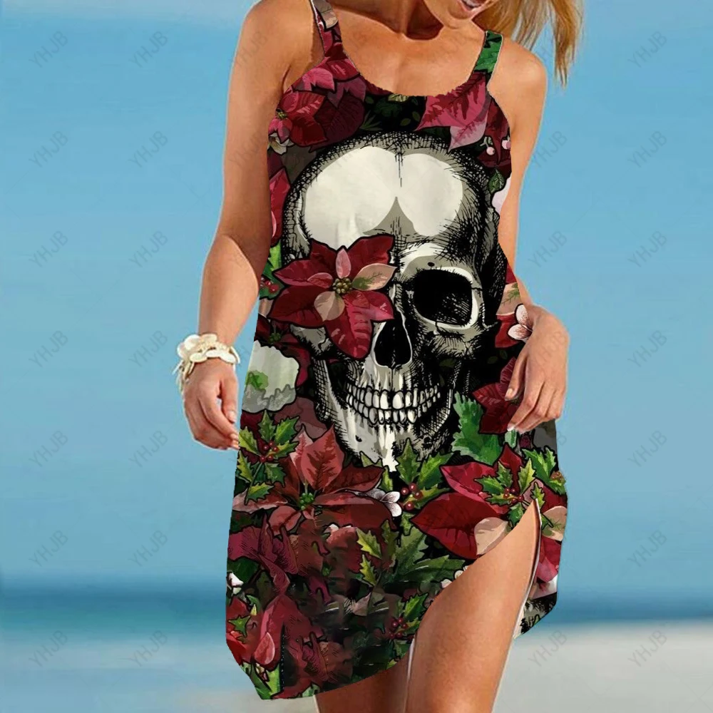 

Summer Women's Dress Vintage Skull Face 3D Print Sleeveless Lace-Up Halter Mini Dresses Female Harajuku Punk Streetwear Vestidos