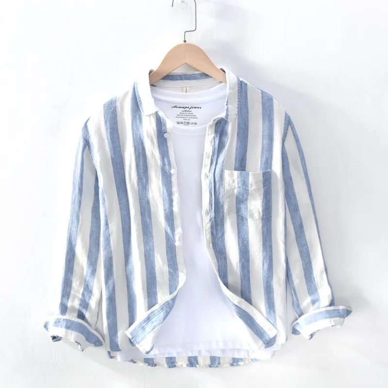 

Pure Linen Striped Shirt Men's Casual Loose Japanese Retro Long Sleeve Youth Thin Soft Linen Shirt Brand Men's Clothing