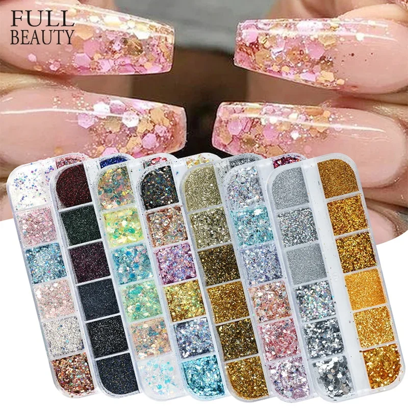 Nail Glitter Flakes nail flakes nail glitter nail decoration nail decorations nail powder Holographic Nail Glitter Flakes Sequin 12pcs in 1 Rose Gold Silver DIY Butterfly Dipping Powder for Acrylic Nails Tools CH1585