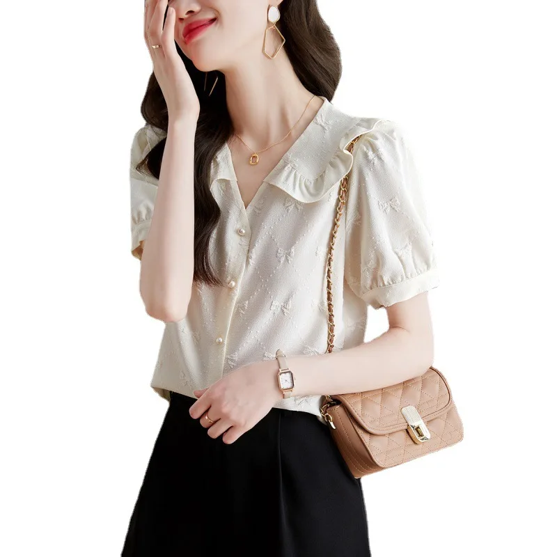 

PERITANG Summer New Women's Blouses Korean Peter Pan Collar Female Elegant Sweet Bow Short Puff Sleeve Solid Tops
