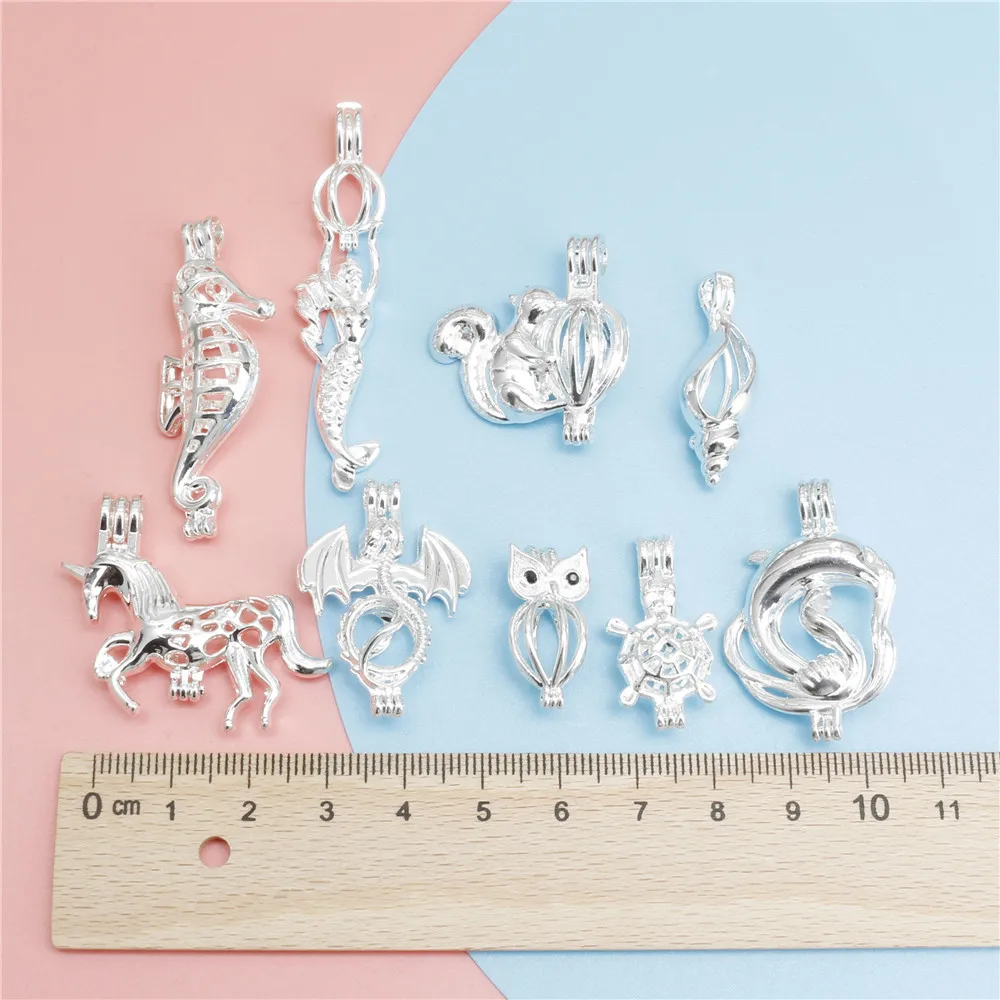 10pcs Classics Silver Color Pearl Cage Locket Pendants Aromatherapy Mermaid Essential Oil Diffuser Necklace Locket For DIY
