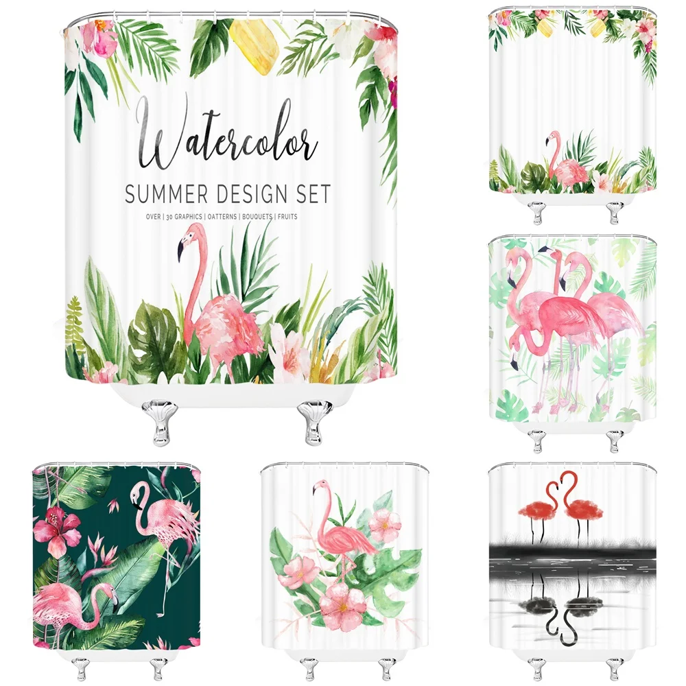 

Watercolor Tropical Leaf Pink Flamingo Shower Curtain Animal Summer Plant Flowers Cloth Fabric Bathroom Decor Bathtub Screen Set