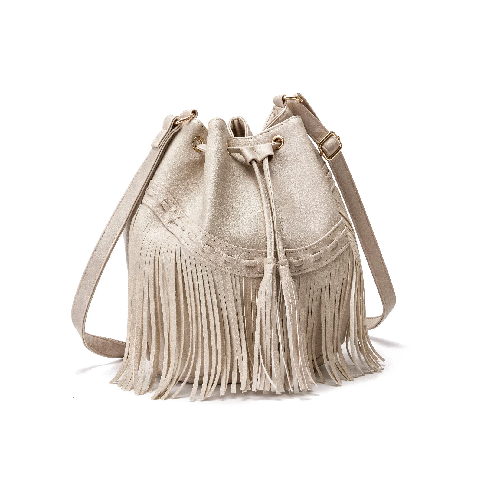 Leisure Pleated Handmade Tassel Bucket Bag PU Tassel for Women's Crossbody Bag Ladies Handbags Sale with Free shipping