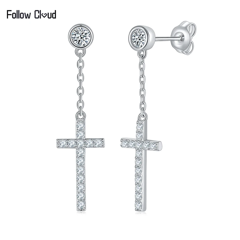 

Follow Cloud 0.5ct 925 Sterling Silver Round Cut 3mm D Color Moissanite Tassel Chain Cross Drop Earrings for Women Fine Jewelry