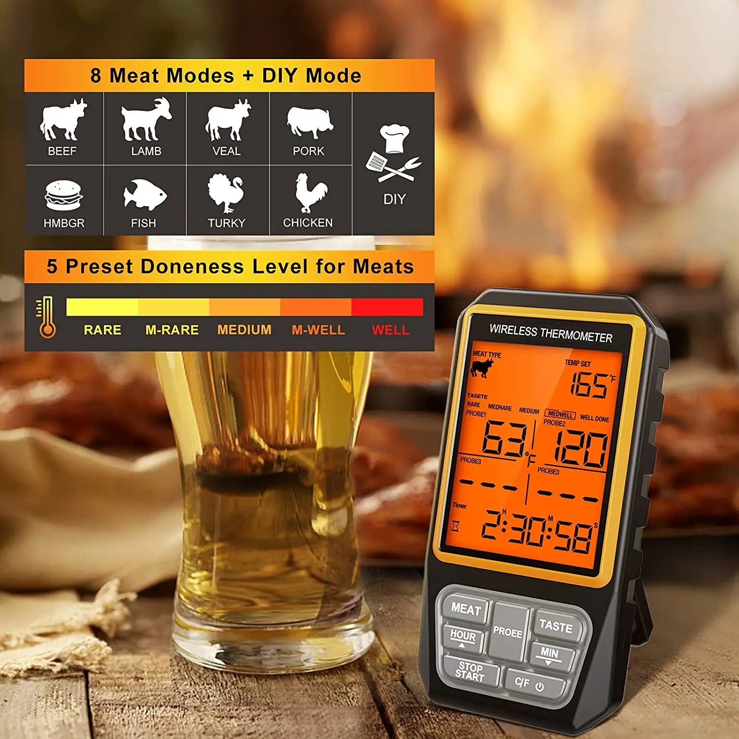 328ft Wireless Meat Thermometer for Grilling Smoker BBQ Oven Digital Food Kitchen Thermometer with 4 Probes Timer Alarm Gift New 2