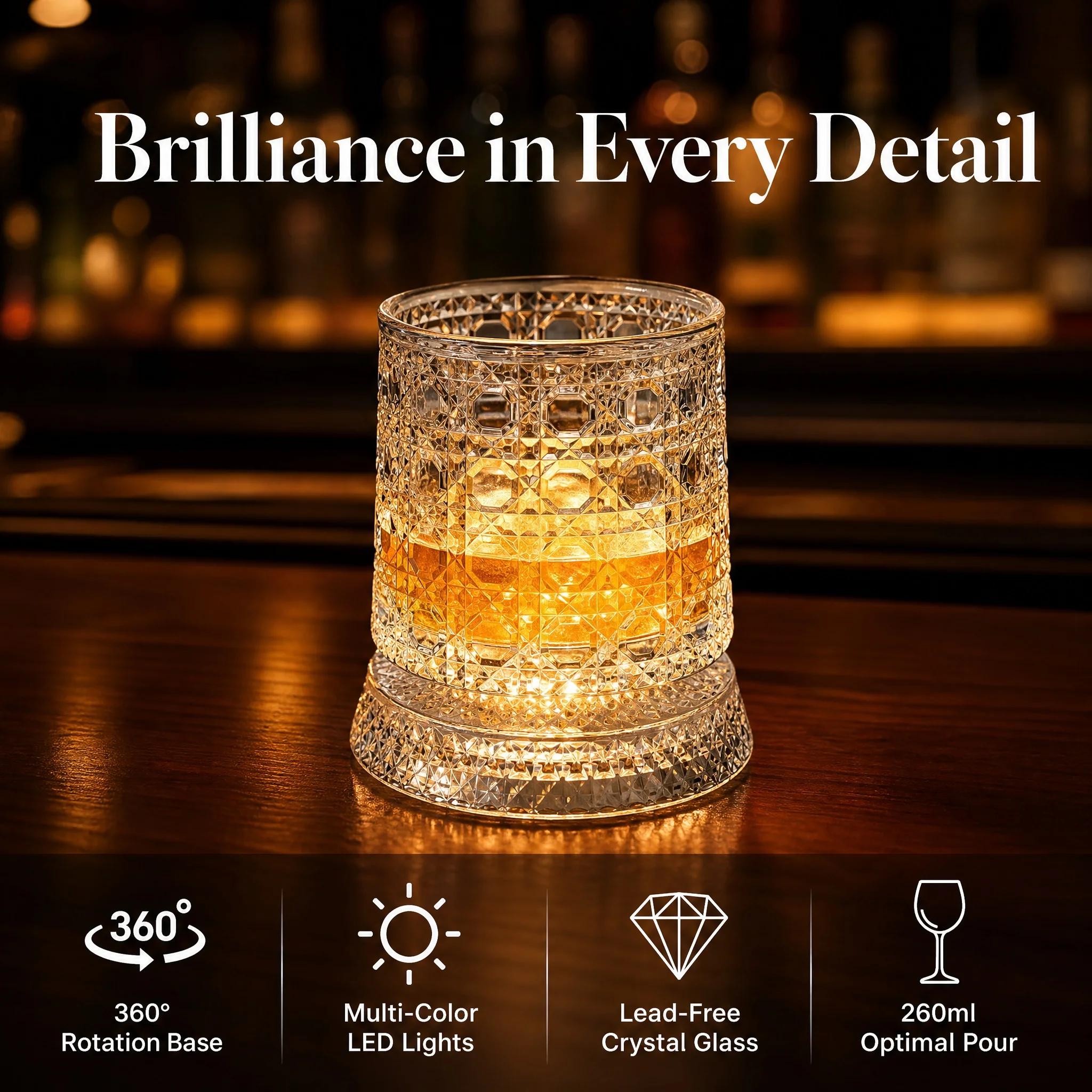 Rotating Whiskey Glass with LED Light Up Coaster,9 oz,Clear Glass 3