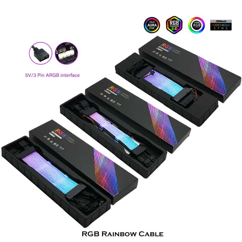 

New PC MOD Case RGB PSU Extender Cable Power Cord Strimer Rainbow Dual Leds Cable,M/B ATX 24Pin + PCI-E (6+2) GPU 8Pin,5V AURA