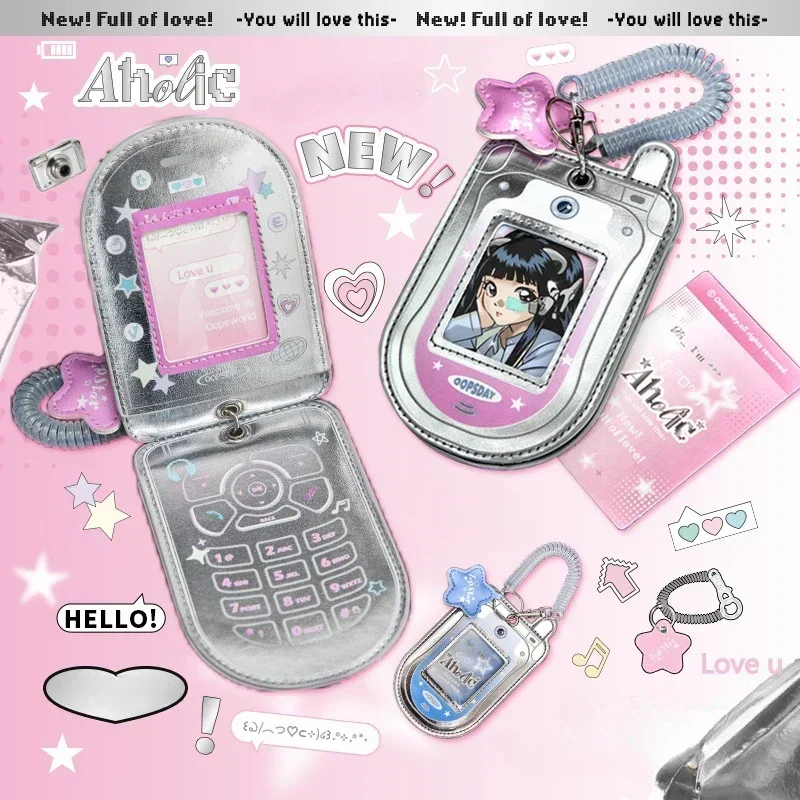 Kawaii PU Leather Mobile Phone Shape 3 Inch Photocard Holder Card Photo Holder Bag Pendant Flip Phone Case School Stationery 5