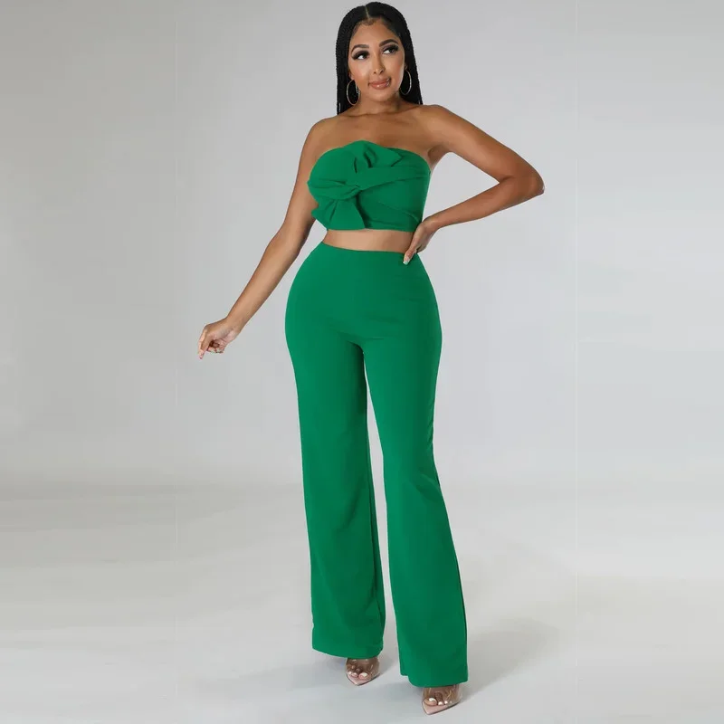 

KEXU Summer Women 2 Piece Set Strapless Tops and High Waist Wide Leg Pants Set Sweatsuit Tracksuit Outfits Party Clubwear