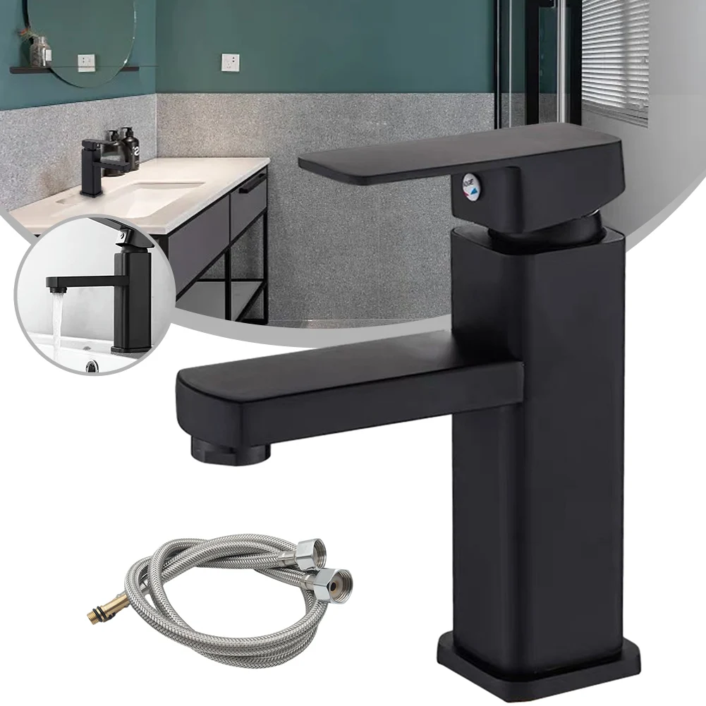 

1pcs Black Bathroom Faucets Hot Cold Mixer Tap Vanity With Water Pipes Basin Deck Mounted Sink Stainless Steel Faucets